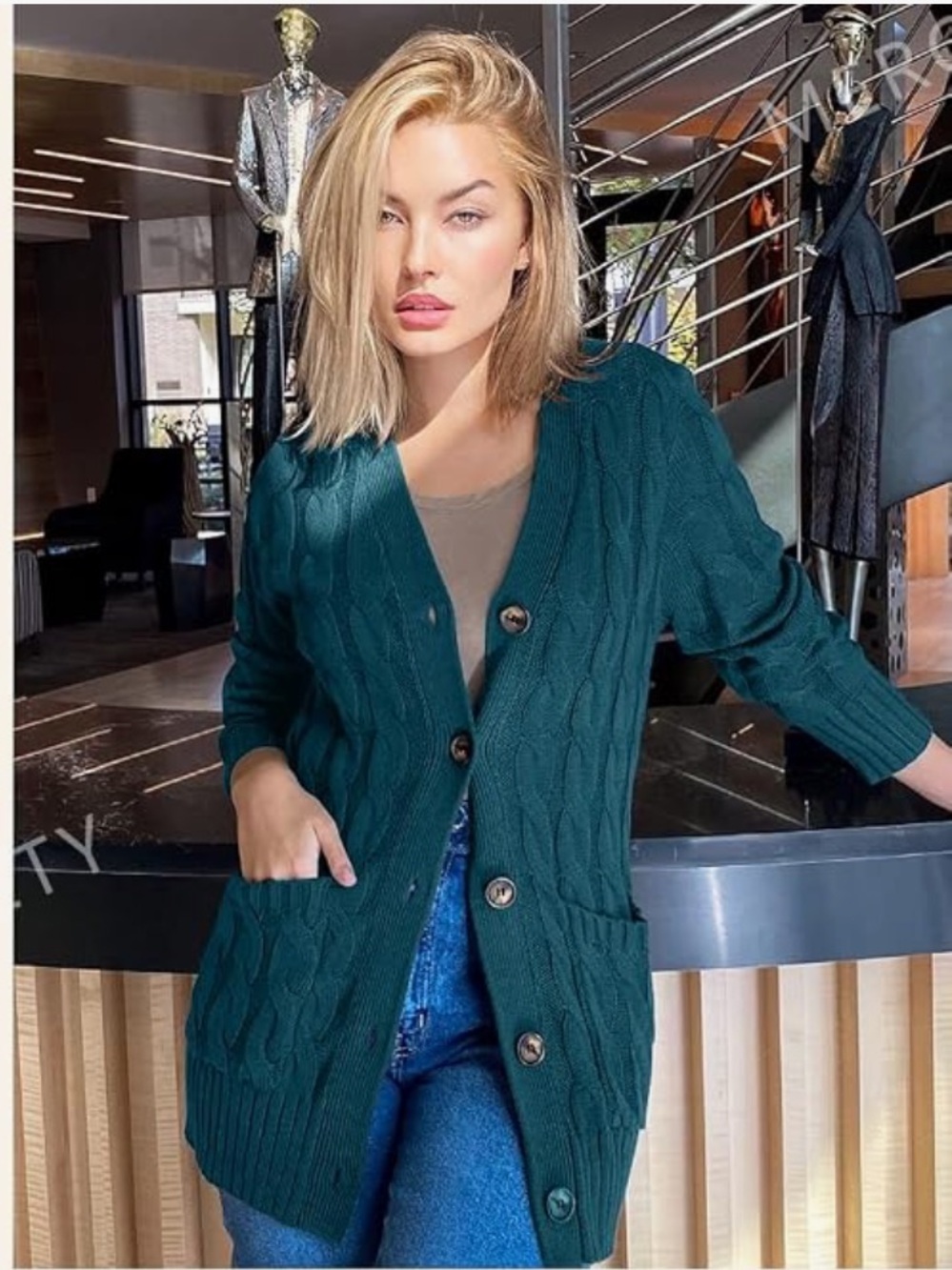 NWOT Button-Front Cable Knit Cardigan Sweater with Pockets in Teal Blue β’ Medium